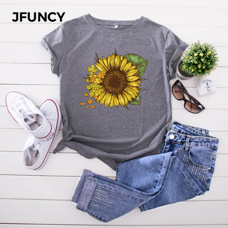 JFUNCY 5XL nyári női pamut pólók Napraforgó Harajuku nyomtatott alkalmi felső Női póló Rövid ujjú női póló