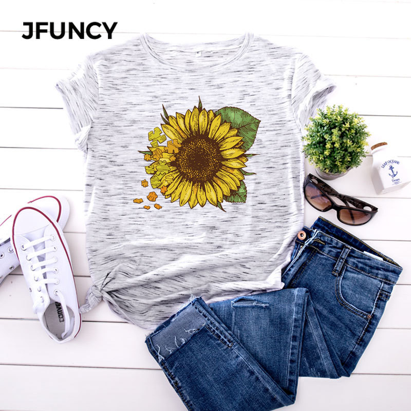JFUNCY 5XL nyári női pamut pólók Napraforgó Harajuku nyomtatott alkalmi felső Női póló Rövid ujjú női póló