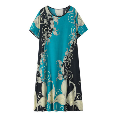 2021. gada jauna vasaras sieviešu lielizmēra viskozes apdruka, kontrasta krāsa, izšūšana, apaļa kakla kleita ar īsām piedurknēm, liela šūpošanās kleita XL-4XL