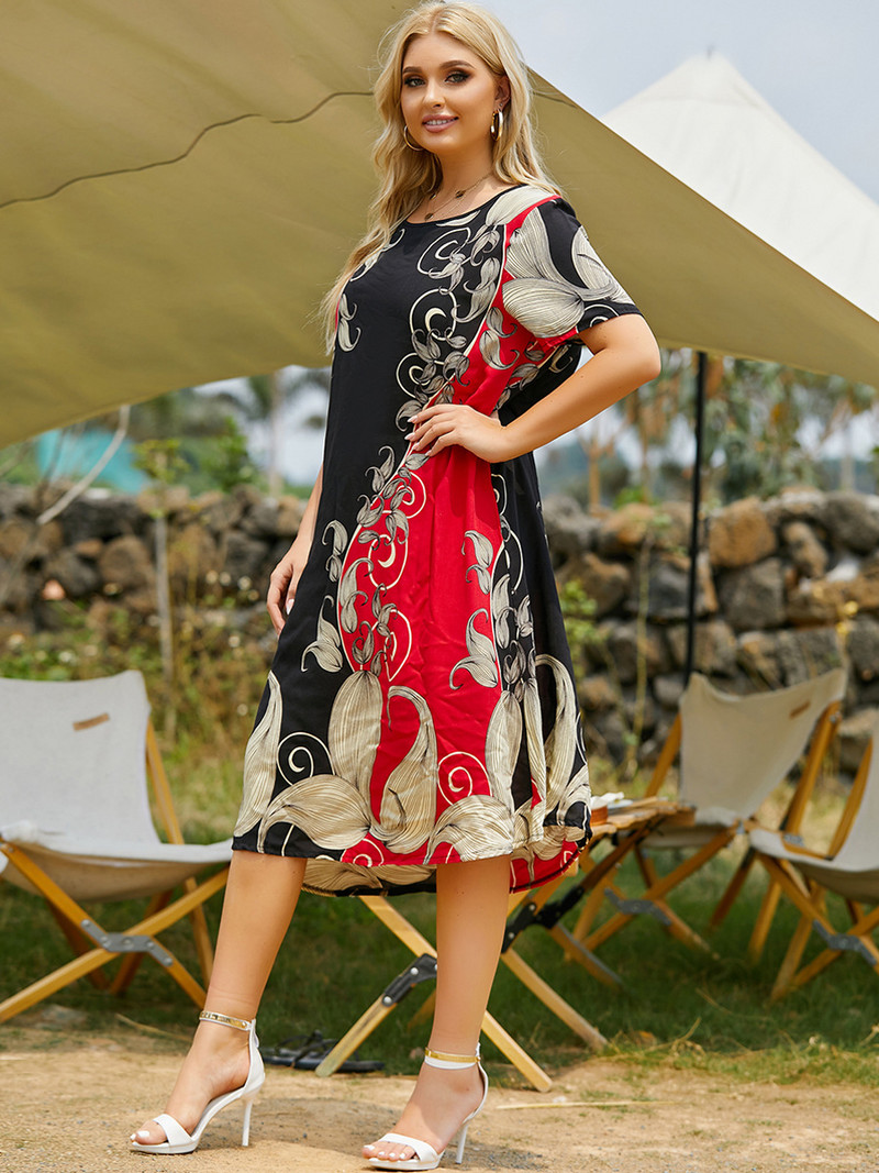 2021. gada jauna vasaras sieviešu lielizmēra viskozes apdruka, kontrasta krāsa, izšūšana, apaļa kakla kleita ar īsām piedurknēm, liela šūpošanās kleita XL-4XL