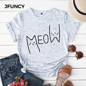 JFUNCY vasaras sieviešu t-krekls 100% kokvilnas ikdienas krekls ar īsām piedurknēm Cute Meow Cat Print Woman T-krekls S-5XL Sieviešu topi
