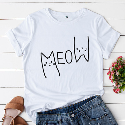 JFUNCY vasaras sieviešu t-krekls 100% kokvilnas ikdienas krekls ar īsām piedurknēm Cute Meow Cat Print Woman T-krekls S-5XL Sieviešu topi