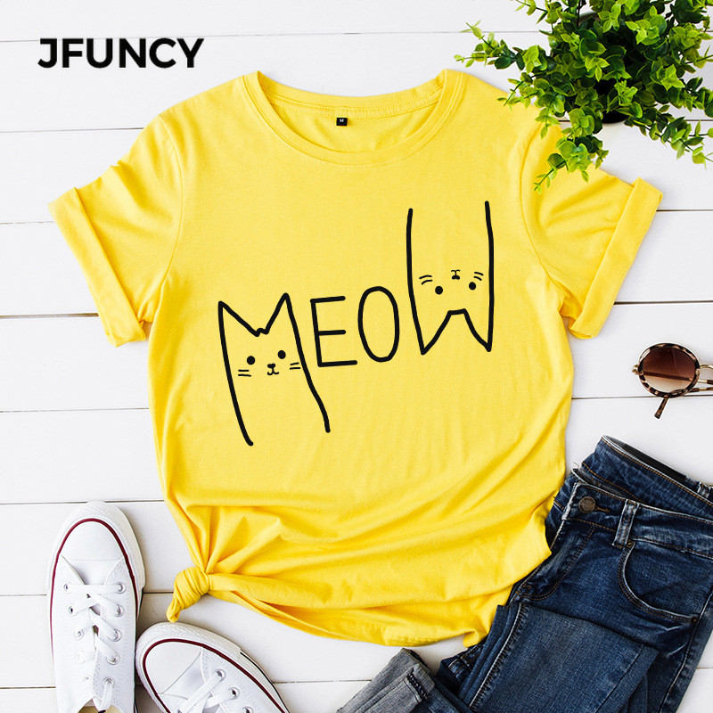 JFUNCY vasaras sieviešu t-krekls 100% kokvilnas ikdienas krekls ar īsām piedurknēm Cute Meow Cat Print Woman T-krekls S-5XL Sieviešu topi