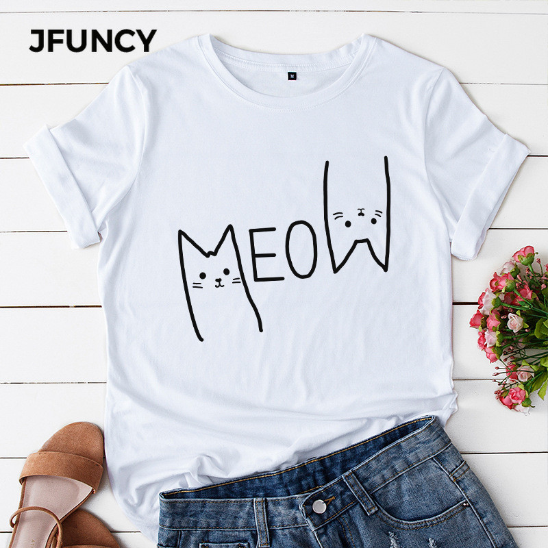 JFUNCY vasaras sieviešu t-krekls 100% kokvilnas ikdienas krekls ar īsām piedurknēm Cute Meow Cat Print Woman T-krekls S-5XL Sieviešu topi