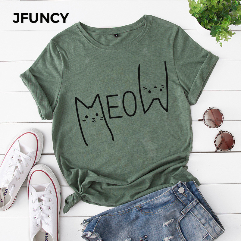 JFUNCY vasaras sieviešu t-krekls 100% kokvilnas ikdienas krekls ar īsām piedurknēm Cute Meow Cat Print Woman T-krekls S-5XL Sieviešu topi
