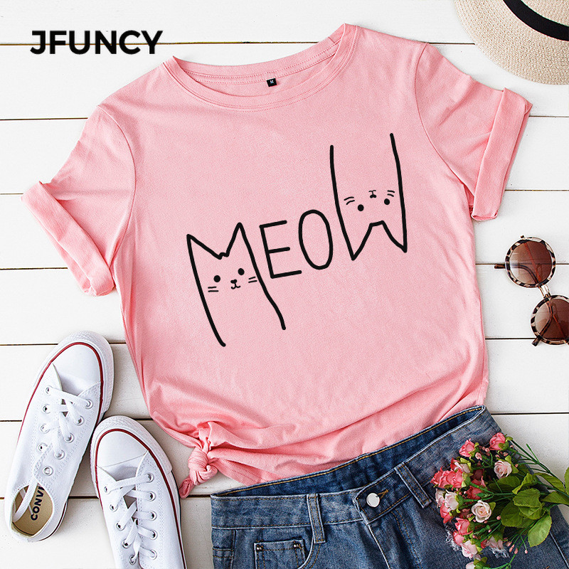 JFUNCY vasaras sieviešu t-krekls 100% kokvilnas ikdienas krekls ar īsām piedurknēm Cute Meow Cat Print Woman T-krekls S-5XL Sieviešu topi
