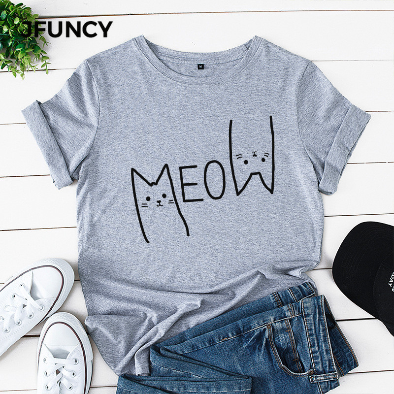 JFUNCY vasaras sieviešu t-krekls 100% kokvilnas ikdienas krekls ar īsām piedurknēm Cute Meow Cat Print Woman T-krekls S-5XL Sieviešu topi