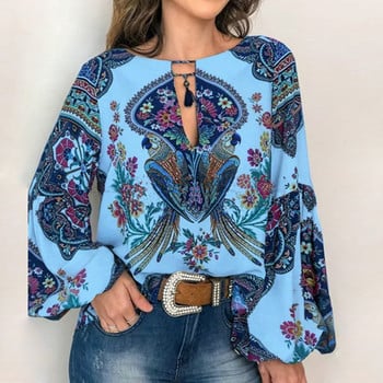 5XL καλοκαιρινές μπλούζες Bohemian floral print πουκάμισο μπλούζα 2020 Casual φανάρι μακρυμάνικο γυναικείο πουκάμισο Σέξι φούντα O λαιμό Loose Top