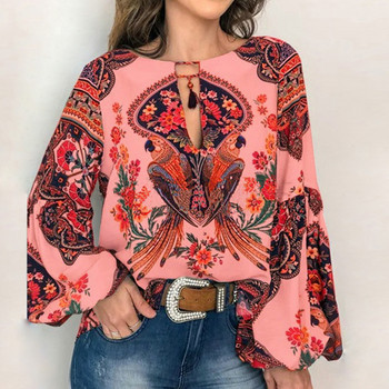 5XL καλοκαιρινές μπλούζες Bohemian floral print πουκάμισο μπλούζα 2020 Casual φανάρι μακρυμάνικο γυναικείο πουκάμισο Σέξι φούντα O λαιμό Loose Top