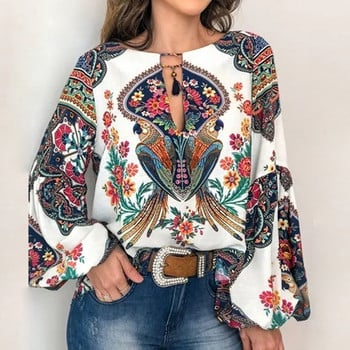 5XL καλοκαιρινές μπλούζες Bohemian floral print πουκάμισο μπλούζα 2020 Casual φανάρι μακρυμάνικο γυναικείο πουκάμισο Σέξι φούντα O λαιμό Loose Top