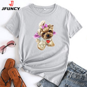 JFUNCY Lielizmēra sieviešu T-krekls, 2023. gada vasaras sieviešu kokvilnas topi Sieviešu krekliņi ar īsām piedurknēm Sieviešu Tkrekls Cute Dogs Graphic T krekli