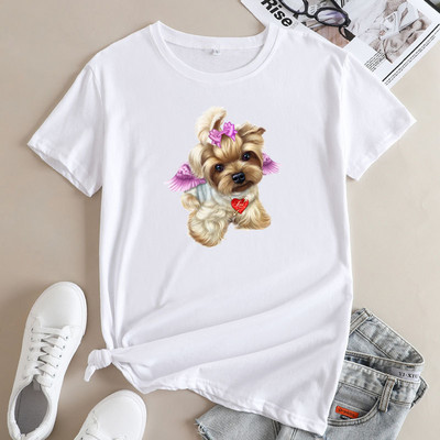 JFUNCY Lielizmēra sieviešu T-krekls, 2023. gada vasaras sieviešu kokvilnas topi Sieviešu krekliņi ar īsām piedurknēm Sieviešu Tkrekls Cute Dogs Graphic T krekli