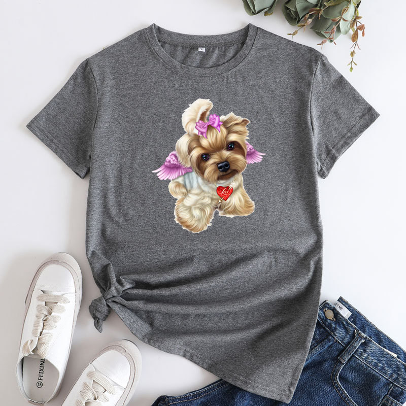 JFUNCY Lielizmēra sieviešu T-krekls, 2023. gada vasaras sieviešu kokvilnas topi Sieviešu krekliņi ar īsām piedurknēm Sieviešu Tkrekls Cute Dogs Graphic T krekli