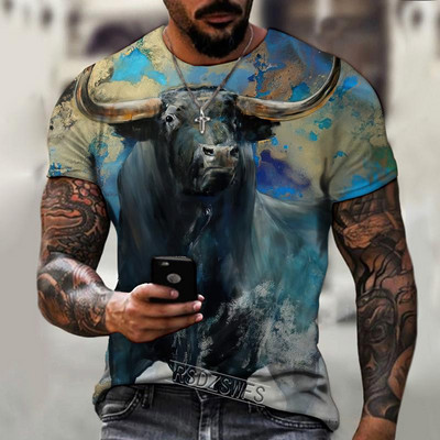 Cămașă pentru bărbați de marcă 2022, imprimare 3D, iac de luptă cu animale, pictat, super frumos, cu gât rotund, larg și confortabil, supradimensionat