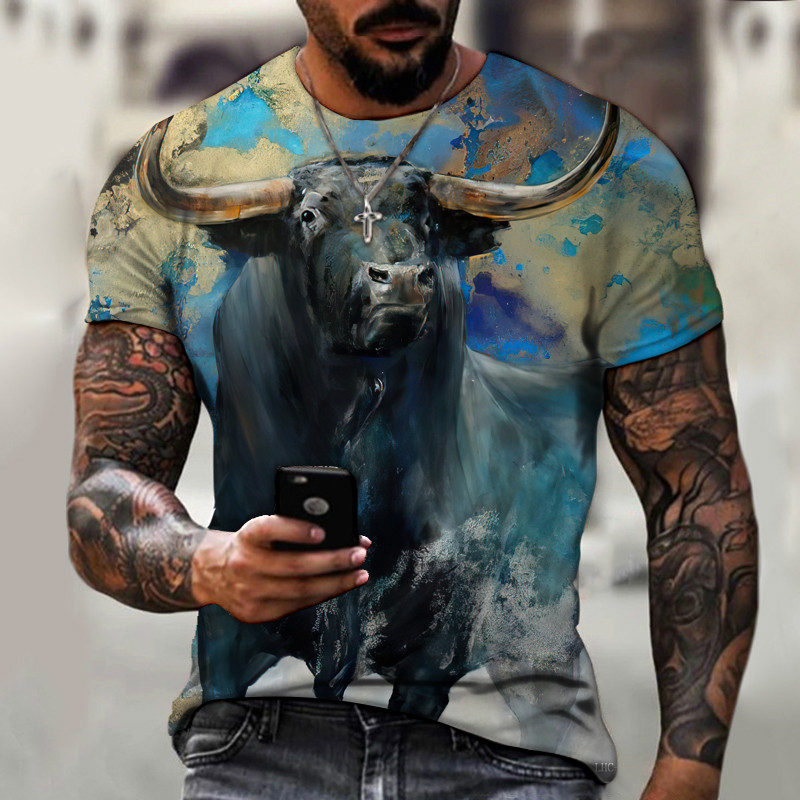 Cămașă pentru bărbați de marcă 2022, imprimare 3D, iac de luptă cu animale, pictat, super frumos, cu gât rotund, larg și confortabil, supradimensionat