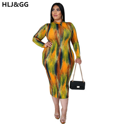 HLJ&GG Sieviešu rudens vasaras garām piedurknēm liela izmēra rāvējslēdzēja apdruka Bodycon Slim Package gurnu kleita 2022. gada jauns sieviešu apģērbs, ielas apģērbs