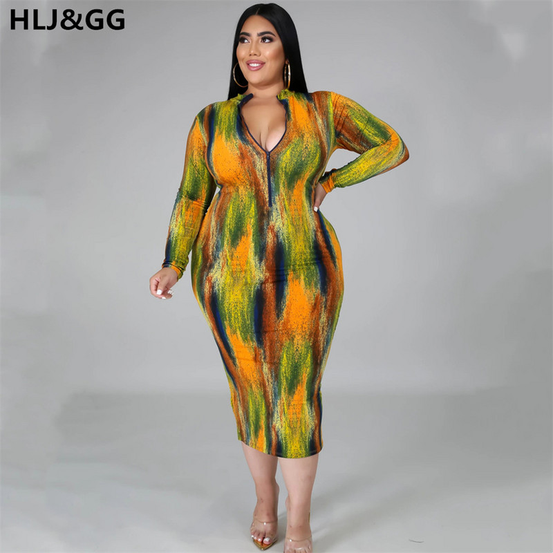HLJ&GG Sieviešu rudens vasaras garām piedurknēm liela izmēra rāvējslēdzēja apdruka Bodycon Slim Package gurnu kleita 2022. gada jauns sieviešu apģērbs, ielas apģērbs