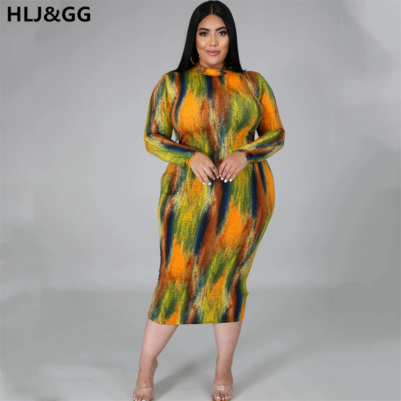 HLJ&GG Sieviešu rudens vasaras garām piedurknēm liela izmēra rāvējslēdzēja apdruka Bodycon Slim Package gurnu kleita 2022. gada jauns sieviešu apģērbs, ielas apģērbs