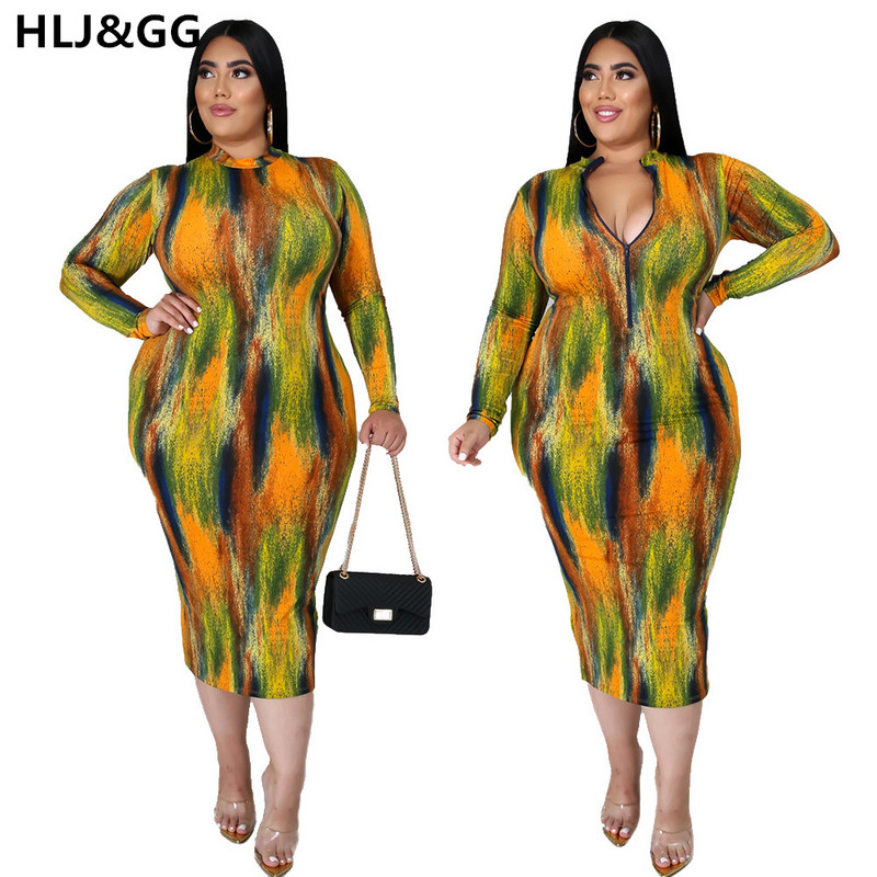 HLJ&GG Sieviešu rudens vasaras garām piedurknēm liela izmēra rāvējslēdzēja apdruka Bodycon Slim Package gurnu kleita 2022. gada jauns sieviešu apģērbs, ielas apģērbs