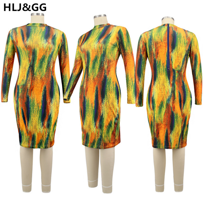 HLJ&GG Sieviešu rudens vasaras garām piedurknēm liela izmēra rāvējslēdzēja apdruka Bodycon Slim Package gurnu kleita 2022. gada jauns sieviešu apģērbs, ielas apģērbs