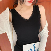 Naiste puuvillane V-kaelusega vest pitsiga Naiste kevadsuvise mitmekülgse niidiga, õhuke seest ja väljast Crop Tank Top