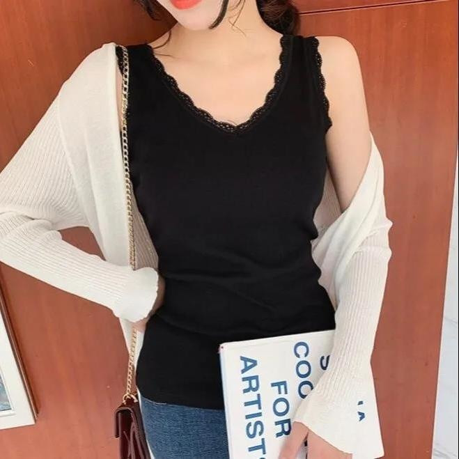 Naiste puuvillane V-kaelusega vest pitsiga Naiste kevadsuvise mitmekülgse niidiga, õhuke seest ja väljast Crop Tank Top