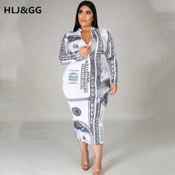 HLJ&GG Plus Size Sexy Money Μακρύ Φόρεμα Dollar Print Γυναικείο μακρυμάνικο φερμουάρ V λαιμόκοψη Σέξι Bodycon Κομψά φορέματα Ρούχα για πάρτι