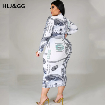 HLJ&GG Plus Size Sexy Money Μακρύ Φόρεμα Dollar Print Γυναικείο μακρυμάνικο φερμουάρ V λαιμόκοψη Σέξι Bodycon Κομψά φορέματα Ρούχα για πάρτι