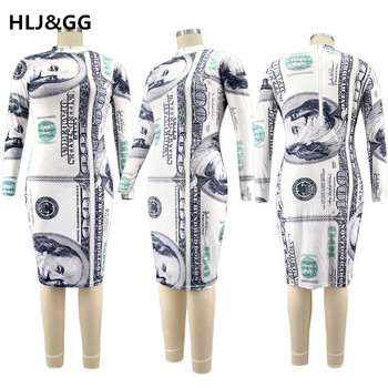 HLJ&GG Plus Size Sexy Money Μακρύ Φόρεμα Dollar Print Γυναικείο μακρυμάνικο φερμουάρ V λαιμόκοψη Σέξι Bodycon Κομψά φορέματα Ρούχα για πάρτι