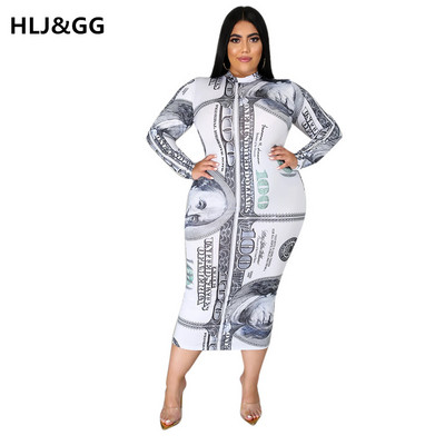 HLJ&GG Plus Size Seksi Money duga haljina Ženske dolarske printove dugih rukava, patentni zatvarač V izrez Seksi pripijene elegantne haljine Odjeća za zabave