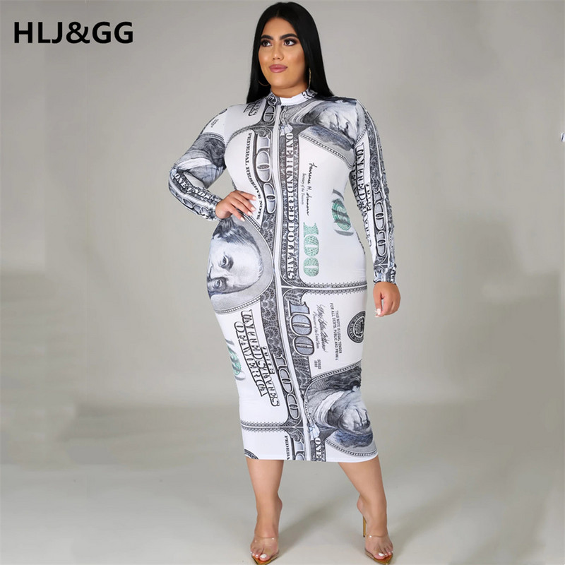 HLJ&GG Liela izmēra Sexy Money Gara kleita Dollar Print Sieviešu ar garām piedurknēm Rāvējslēdzējs V Kakls Seksīgs Bodycon Elegantas Kleitas Viesu apģērbi