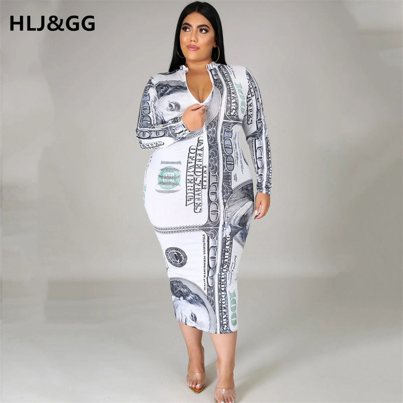 HLJ&GG Liela izmēra Sexy Money Gara kleita Dollar Print Sieviešu ar garām piedurknēm Rāvējslēdzējs V Kakls Seksīgs Bodycon Elegantas Kleitas Viesu apģērbi