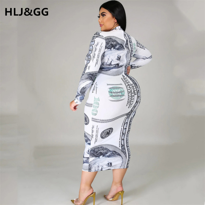 HLJ&GG Liela izmēra Sexy Money Gara kleita Dollar Print Sieviešu ar garām piedurknēm Rāvējslēdzējs V Kakls Seksīgs Bodycon Elegantas Kleitas Viesu apģērbi