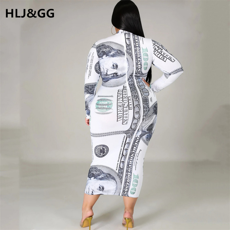 HLJ&GG Liela izmēra Sexy Money Gara kleita Dollar Print Sieviešu ar garām piedurknēm Rāvējslēdzējs V Kakls Seksīgs Bodycon Elegantas Kleitas Viesu apģērbi