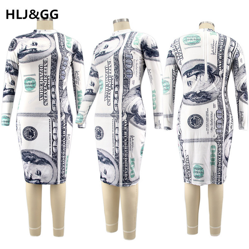 HLJ&GG Liela izmēra Sexy Money Gara kleita Dollar Print Sieviešu ar garām piedurknēm Rāvējslēdzējs V Kakls Seksīgs Bodycon Elegantas Kleitas Viesu apģērbi