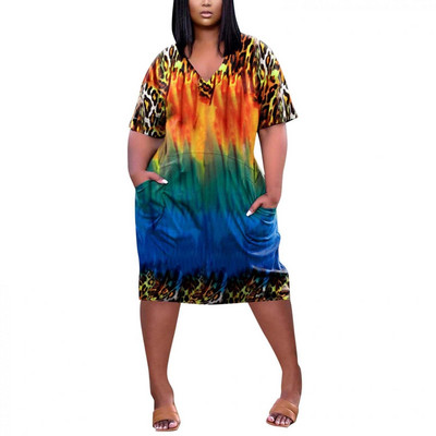 vestidos de mujer casual 2022 Γυναικείο Καλοκαιρινό Plus μέγεθος V λαιμόκοψη κοντό μανίκι με τσέπη στο γόνατο Casual φόρεμα