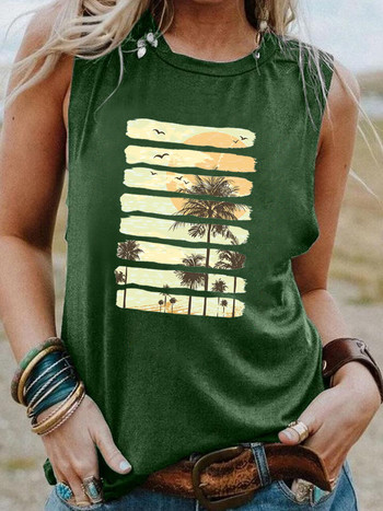 Καλοκαιρινό ηλιοβασίλεμα χρωματιστό φανελάκι Palm Tree μοντέρνο Summer tank Paradise Vacation μανίκια πουκάμισα γυναικεία μόδα casual vintage μπλουζάκια