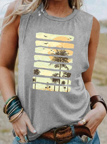 Καλοκαιρινό ηλιοβασίλεμα χρωματιστό φανελάκι Palm Tree μοντέρνο Summer tank Paradise Vacation μανίκια πουκάμισα γυναικεία μόδα casual vintage μπλουζάκια