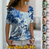 Sieviešu T-krekli Sieviešu T-krekls ar ziedu apdruku ar īsām piedurknēm Modes T-krekls Liela izmēra brīvi vasaras topi Sieviešu High Street V veida kakla izgriezuma T-krekls XS-8XL