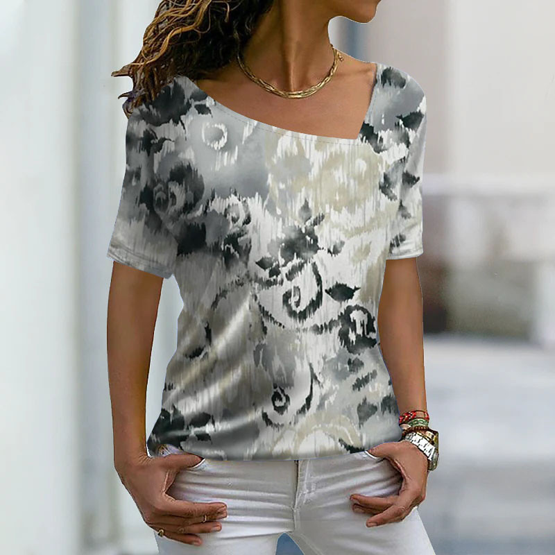Sieviešu T-krekli Sieviešu T-krekls ar ziedu apdruku ar īsām piedurknēm Modes T-krekls Liela izmēra brīvi vasaras topi Sieviešu High Street V veida kakla izgriezuma T-krekls XS-8XL