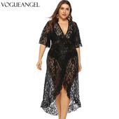 L-4XL Pludmales pārklāji Lielizmēra ietīšanas kleita sievietēm ar V veida kakla izgriezumu, mežģīnēm ar īsām piedurknēm, volāniem, neregulāra viengabala vasaras kleita