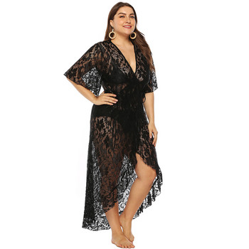 L-4XL Beach Cover-Ups Plus Size Wrap Γυναικείο φόρεμα με λαιμόκοψη V με κοντό μανίκι βολάν ακανόνιστο ολόσωμο καλοκαιρινό φόρεμα