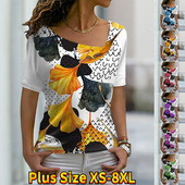 Καλοκαίρι 2022 Γυναικεία αφηρημένα φύλλα ζωγραφικής T-shirt Abstract print με στρογγυλή λαιμόκοψη Basic Vintage μπλουζάκια Loose XS-8XL