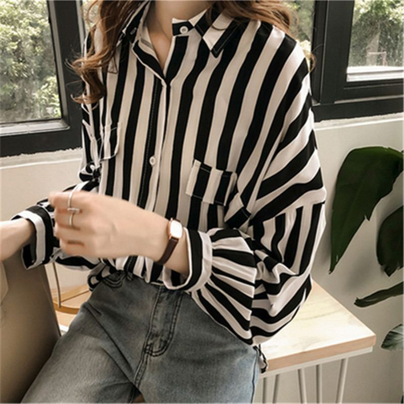 Női, 2019. tavaszi ősz, hosszú ujjú csíkos blúz Női egysoros elegáns ingek Lady Plus Szie 4XL ing Z420