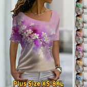 2022-es új női 3D virágmintás póló nyári rövid ujjú V-nyakú, bő, túlméretezett felsők, alkalmi női póló XS-8XL