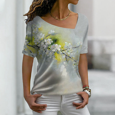 2022-es új női 3D virágmintás póló nyári rövid ujjú V-nyakú, bő, túlméretezett felsők, alkalmi női póló XS-8XL