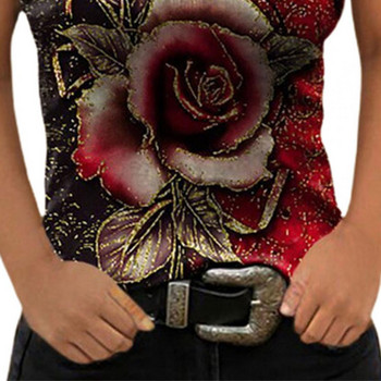 Καλοκαιρινό καμισό τριαντάφυλλο στάμπα δαντέλα Γυναικείο λεπτό αμάνικο V λαιμόκοψη για ραντεβού μπλούζες για γυναικεία μόδα Μαύρο xxxxl