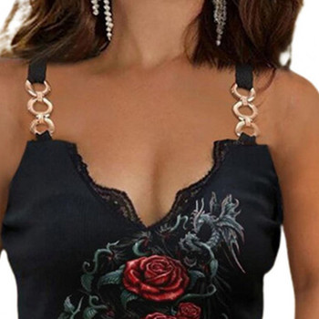 Καλοκαιρινό καμισό τριαντάφυλλο στάμπα δαντέλα Γυναικείο λεπτό αμάνικο V λαιμόκοψη για ραντεβού μπλούζες για γυναικεία μόδα Μαύρο xxxxl