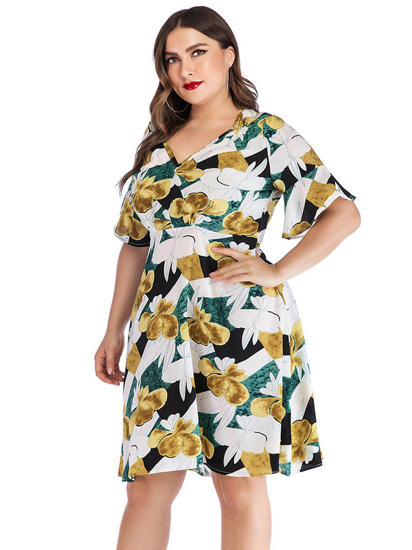 2022 Liela izmēra sieviešu apģērbi ar īsām piedurknēm V kakla izgriezumā, puķu ballīšu kleitas Vasaras ielas modes ikdienišķa mini kleita