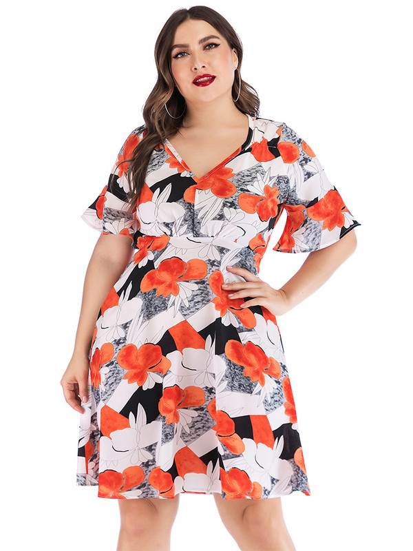 2022 Liela izmēra sieviešu apģērbi ar īsām piedurknēm V kakla izgriezumā, puķu ballīšu kleitas Vasaras ielas modes ikdienišķa mini kleita